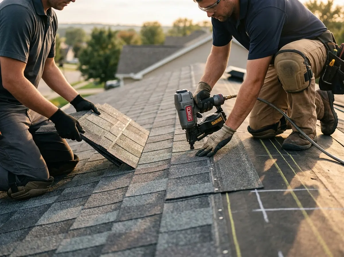 Professional roofer working on a residential roof in Ottumwa